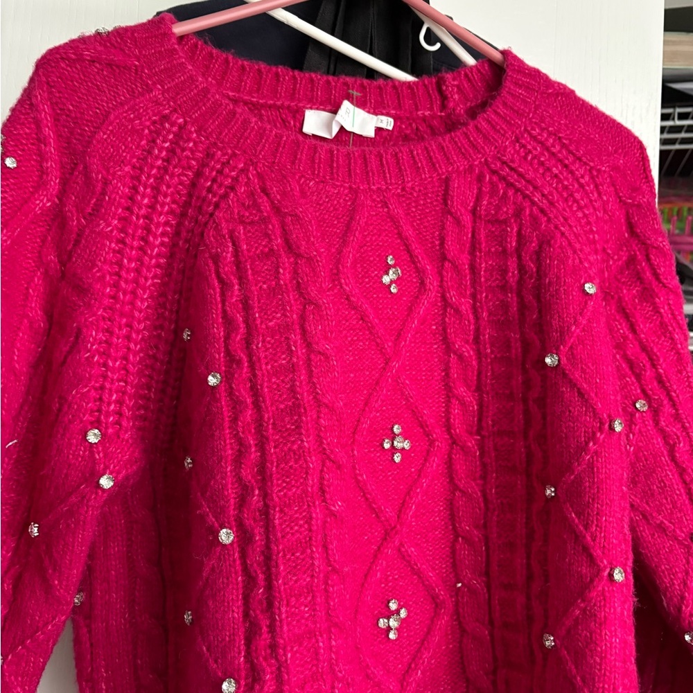 Astr Fuchsia Embellished Cable Knit Sweater